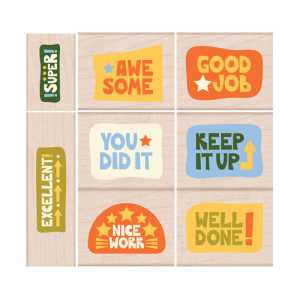 Woodblock Reward Stamps, Bold Encouragement Messages, 8 Piece Set