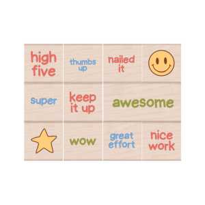 Woodblock Reward Stamps, Encouraging Messages & Icons, 11 Piece Set