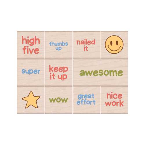 Woodblock Reward Stamps, Encouraging Messages & Icons, 11 Piece Set
