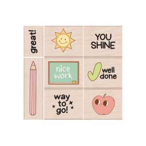 Woodblock Reward Stamps, Positive Messages & Icons, 8 Piece Set