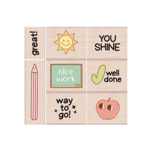 Woodblock Reward Stamps, Positive Messages & Icons, 8 Piece Set