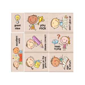Woodblock Teacher Stamps, Encouragement & Communication Messages, 8 Piece Set