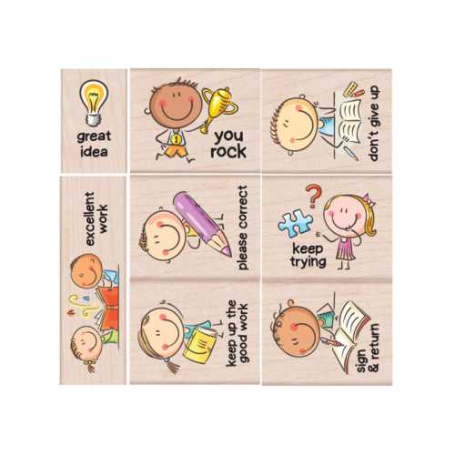 Woodblock Teacher Stamps, Encouragement & Communication Messages, 8 Piece Set