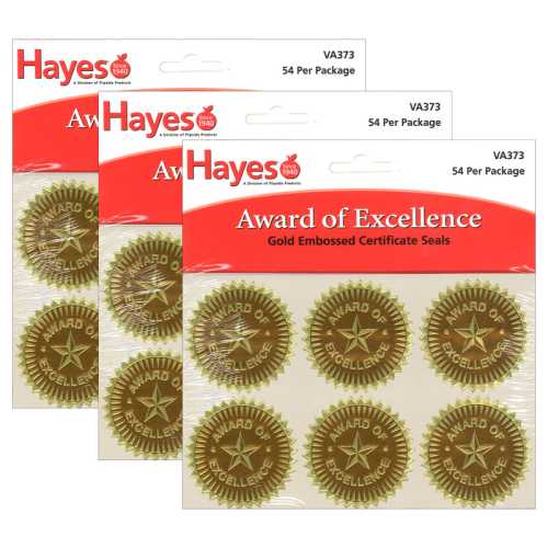 Gold Foil Embossed, Award of Excellence, Certificate Seals, 54 Seals Per Pack, 3 Packs