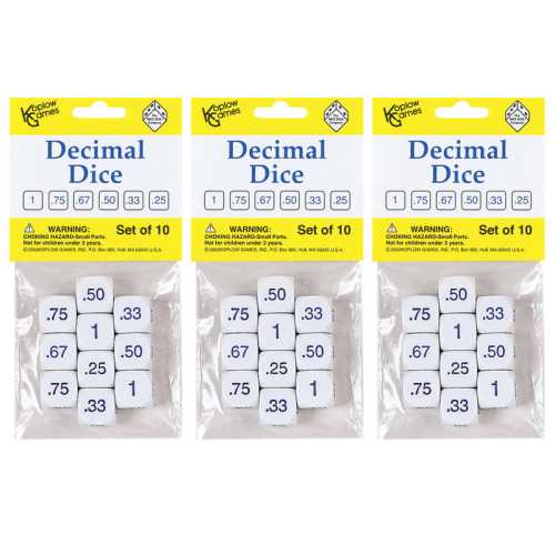 Decimal Dice Set, 10 Per Pack, 3 Packs