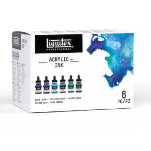 Professional Acrylic Ink, Aqua Colors, 30 mL Bottles, Set of 6
