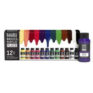 BASICS Fluid Acrylic Paint, Basic Colors, 118 mL Bottles, Set of 12