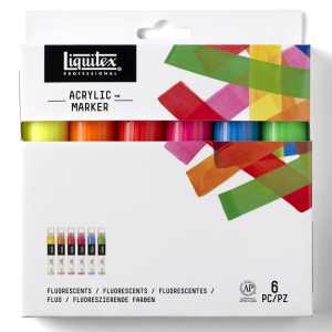 Professional Acrylic Paint Marker, Wide Chisel Nib, 15 mm, Fluorescent Colors, Set of 6