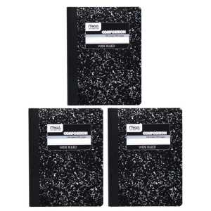 Composition Book, Wide Ruled, 100 Sheets, 9 3/4" x 7 1/2", Black Marble, Pack of 3