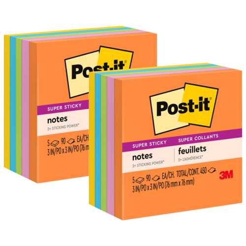 Super Sticky Notes, 3 in x 3 in, Energy Boost Collection, 5 Pads/Pack, 2 Packs