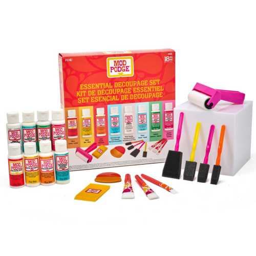 Essential Decoupage Kit with 8 Specialty Formulas, Brushes, Brayer and Squeegee, 18 Pieces