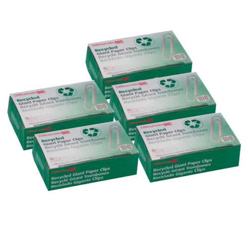 Recycled Paper Clips, Giant Gem, 100/Box, 5 Boxes
