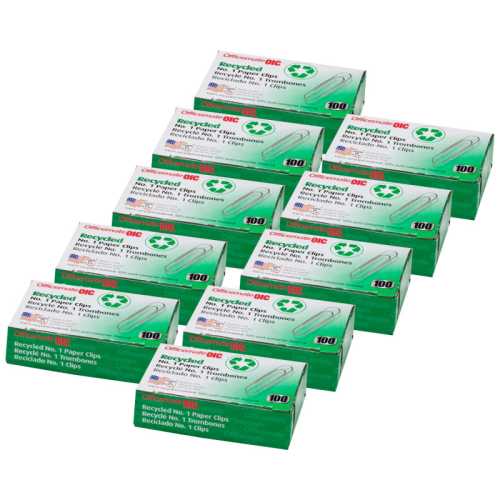Recycled Paper Clips, #1 Gem, 100 Per Box, 10 Boxes