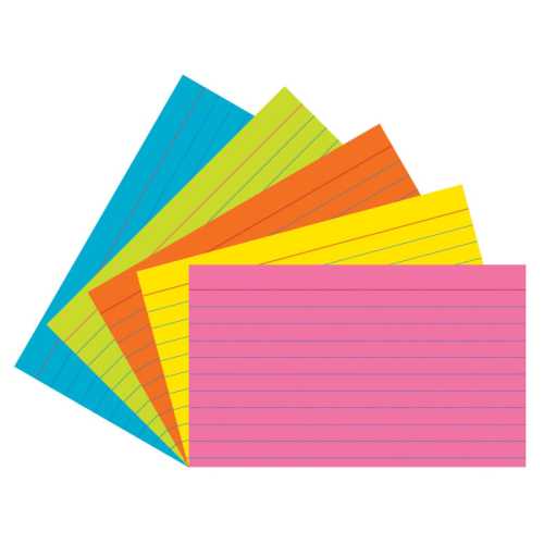 Index Cards, 5 Super Bright Assorted Colors, Ruled, 1/4