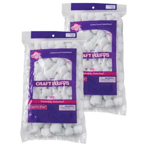 Triple-Size Craft Fluffs, White, 100 Pieces Per Pack, 2-Pack