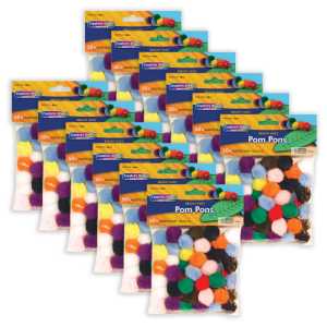 Pom Pons, Bright Hues, 1", 50 Per Pack, 12 Packs