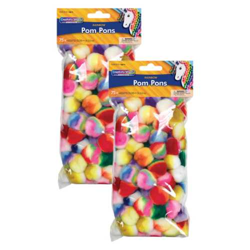 Rainbow Pom Pons, 1 in, 75 Pieces Per Pack, 2-Pack