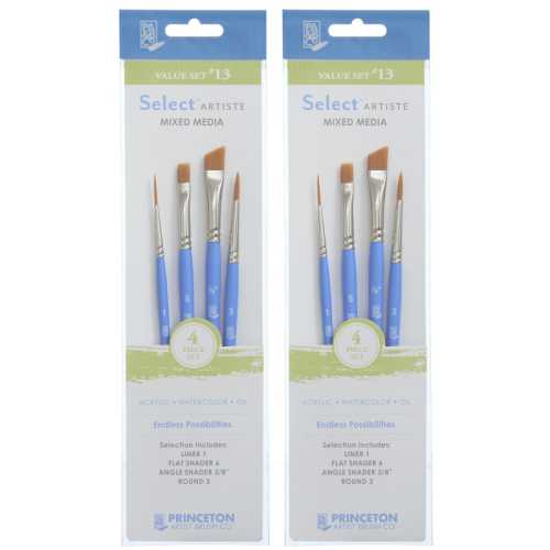 Select Artiste Brush Set No. 13, Synthetic Bristles, Short Handle Mixed Media Paintbrush, Jewel Blue, 4 Per Set, 2 Sets