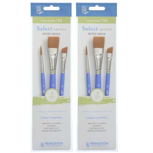 Select Artiste Brush Set No. 14, Synthetic Bristles, Short Handle Mixed Media Paintbrush, Jewel Blue, 3 Per Set, 2 Sets