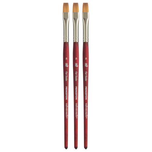 Velvetouch Flat Shader Brush, Synthetic Bristles, Short Handle Mixed Media Paintbrush, Scarlet, Size 8, Pack of 3