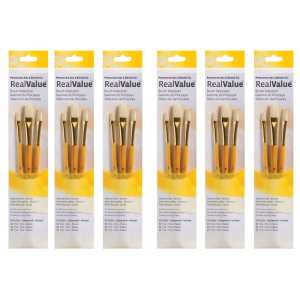 RealValue Brush Set, Natural Bristles, Short Handle Mixed Media Paintbrush, Yellow, 3 Per Set, 6 Sets