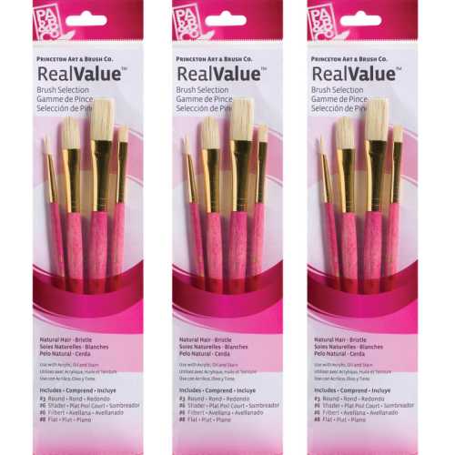 RealValue Brush Set, Natural Bristles, Short Handle Mixed Media Paintbrush, Pink, 4 Per Set, 3 Sets