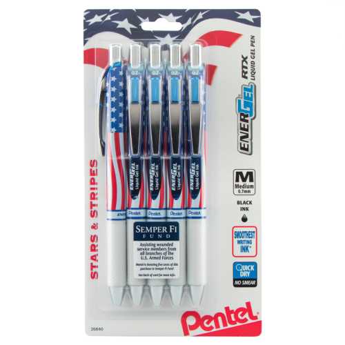 EnerGel RTX Retractable Liquid Gel Pen, Flag Barrel, (0.7mm) Metal Tip, Medium Line, Black Ink, 5-Pk