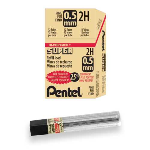 Super Hi-Polymer Lead Refill (0.5mm) Fine, 2H, 12 Pieces/Tube, 12 Tubes/Box