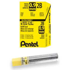 Super Hi-Polymer Lead Refill (0.9mm) Thick, 2B, 15 Pieces/Tube, 12 Tubes/Box