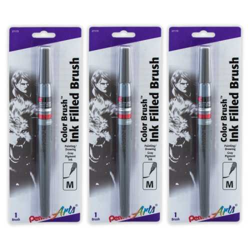 Color Brush with Pigment Ink, Medium Tip, Gray, Pack of 3