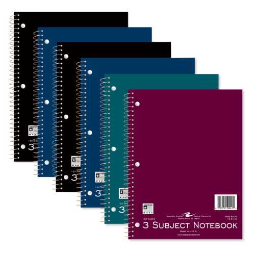 Spiral Notebook, 3-Subject, 120 Pages, Pack of 6