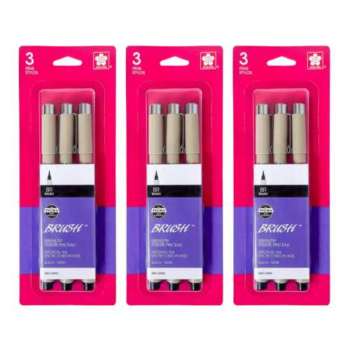 Pigma Brush Pen, Black, 3 Per Pack, 3 Packs