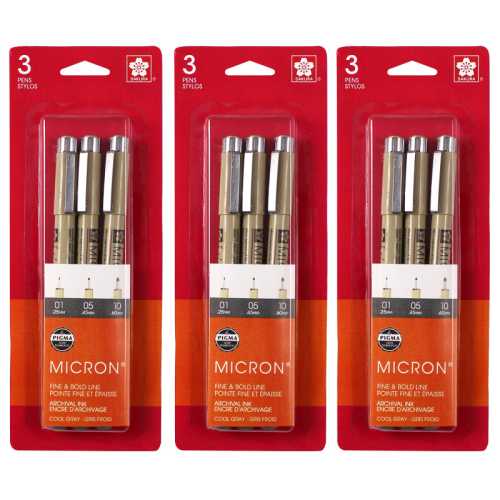 Pigma Micron Pens, Cool Gray, Assorted Sizes, 3 Per Set, 3 Sets