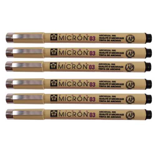 Pigma Micron Pen, Black, 0.35mm Size 03, Pack of 6