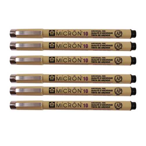 Pigma Micron Pen, Black, 0.60mm Size 10, Pack of 6
