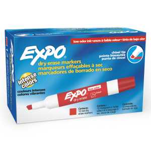 Low-Odor Dry Erase Markers, Chisel Tip, Red, Box of 12
