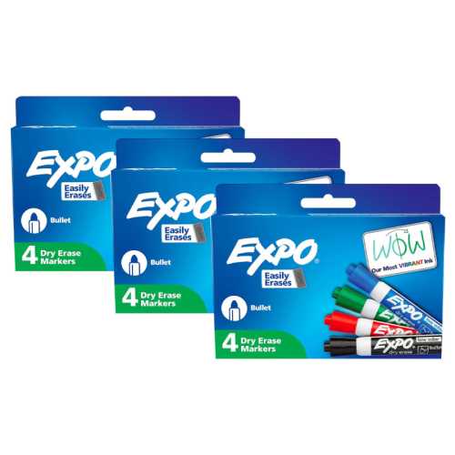 Low Odor Dry Erase Markers, Bullet Tip, Assorted Colors, 4 Per Pack, 3 Packs