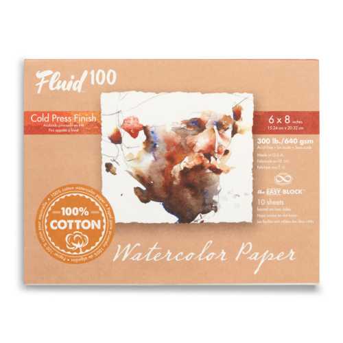 Fluid&trade; 100 Cold Press Watercolor Paper Block, 300 lb (640 GSM), 6x8 in, 10 Sheets