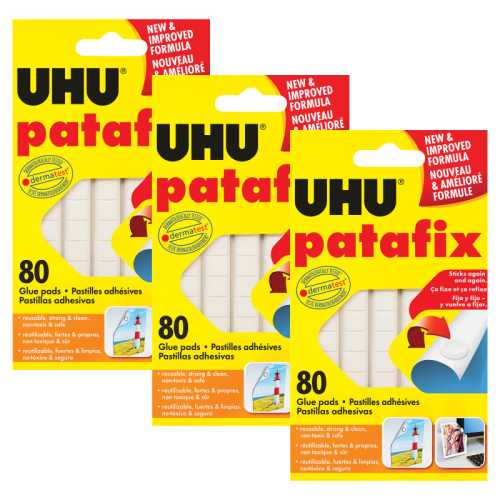UHU Adhesive Tac Putty, Removable & Reusable, White, 50 g, 80 Pads Per Pack, 3 Packs