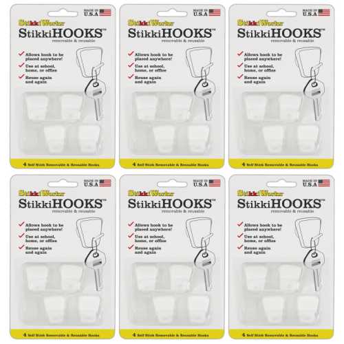 StikkiHOOKS&reg;, White, 4 Per Pack, 6 Packs