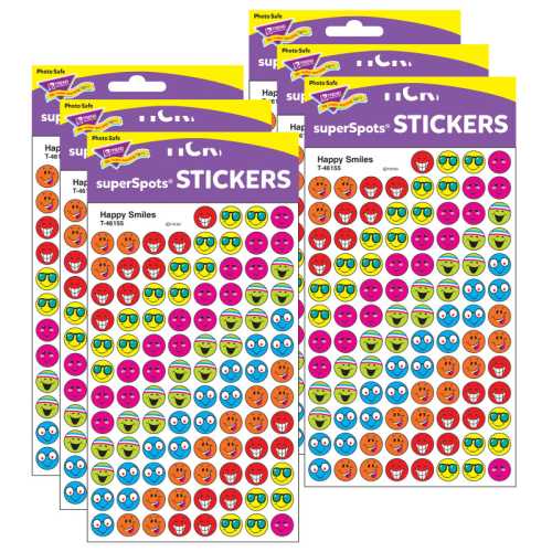 Happy Smiles superSpots&reg; Stickers, 800 Per Pack, 6 Packs