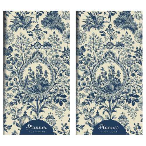 2027-2028 Blue Toile Small Monthly Pocket Planner, 2-Pack