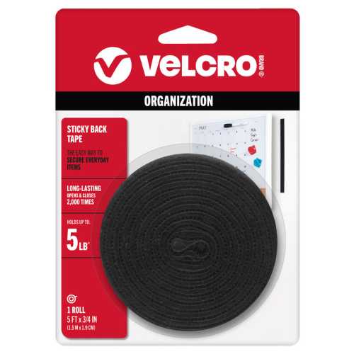 Sticky Back Hook and Loop Tape, 5 ft x 3/4 in, Black