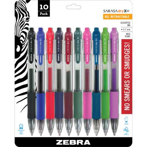 Sarasa Dry X20 Gel Retractable RDI 0.7mm Assorted 10pk