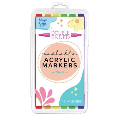 Dual-Tip Washable Acrylic Paint Markers for Multiple Surfaces, Assorted Colors, 12 Pack