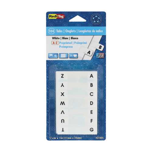 Preprinted Alphabetical Index Tabs, A-Z, White, 7/16 x 1 in., 104 Count