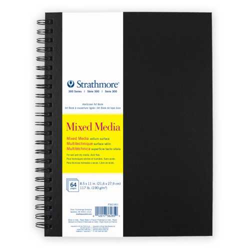 300 Series Mixed Media Paper Art Book, Black Hardcover & Side Wire Binding, 32 Sheets, White, 8.5x11 inch