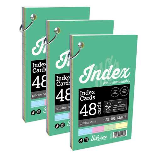 Ring-Bound Lined Index Cards, Portrait, 5 x 3 Inches, 4 Assorted Colors, 48 Cards, 3-Pack