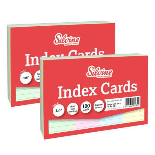Lined Index Cards with Headline, 8 x 5 Inches, Assorted Colors, 100 Cards, 2-Pack