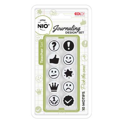 Little NIO Teacher Journaling Stamp Set, 10 Interchangeable Designs, 17 mm Round Imprint